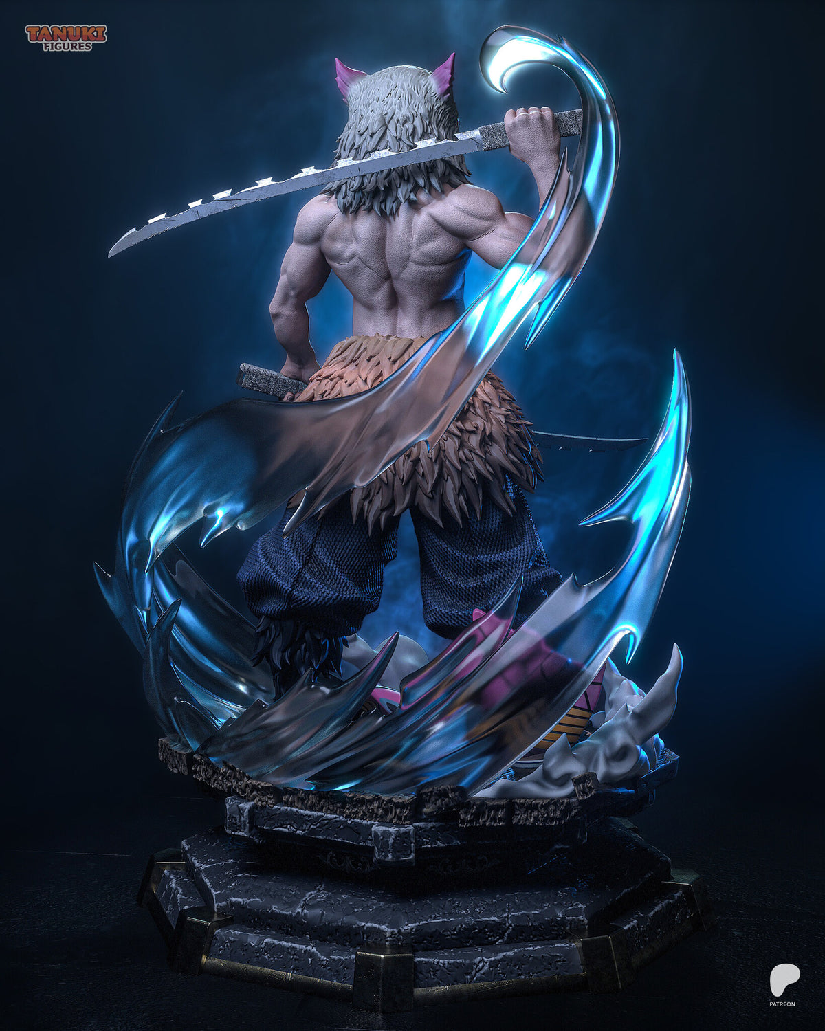 Sculptor's render (kit ships unpainted): rear view with the saw-edged blade across his shoulders and the glassy effects wrapping around him