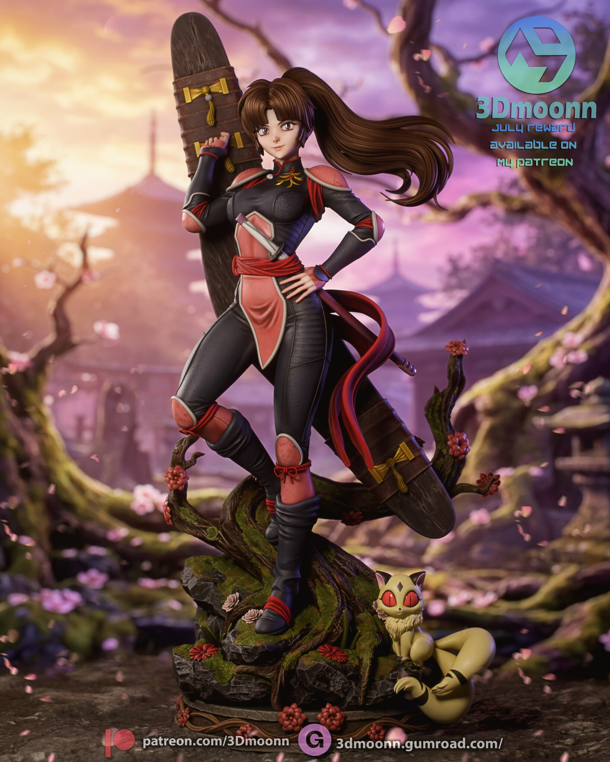 Sculptor's render of the painted design (kit ships unpainted): front three-quarter full view of the warrior on the mossy stump base, the giant boomerang over her shoulder and the twin-tailed cat at her feet