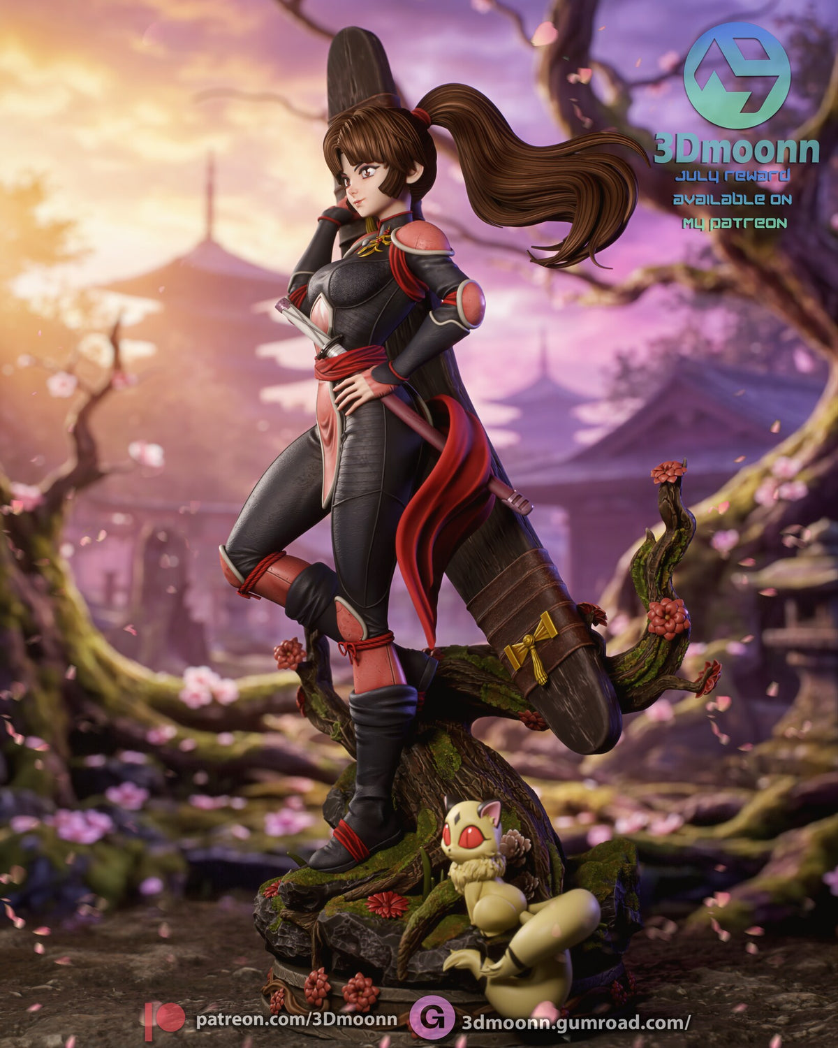 Sculptor's render (kit ships unpainted): full view from the other side, with the ponytail streaming out, the short sword in the sash and the boomerang angled down to the branch