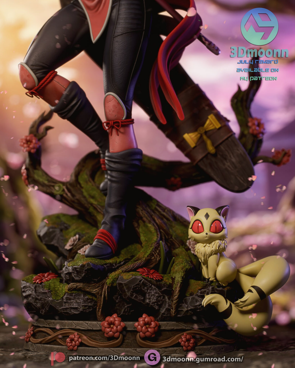 Sculptor's render (kit ships unpainted): close-up of the base with the boots on the moss and branch, the boomerang's lower strap with its yellow ribbon, and the cat with red eyes and two banded tails