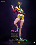 Sculptor's render of the painted design (kit ships unpainted): full front view of the bounty hunter in sunglasses with a raised pistol, one boot on the stacked cases on the metal deck base