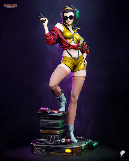 Sculptor's render of the painted design (kit ships unpainted): full front view of the bounty hunter in sunglasses with a raised pistol, one boot on the stacked cases on the metal deck base