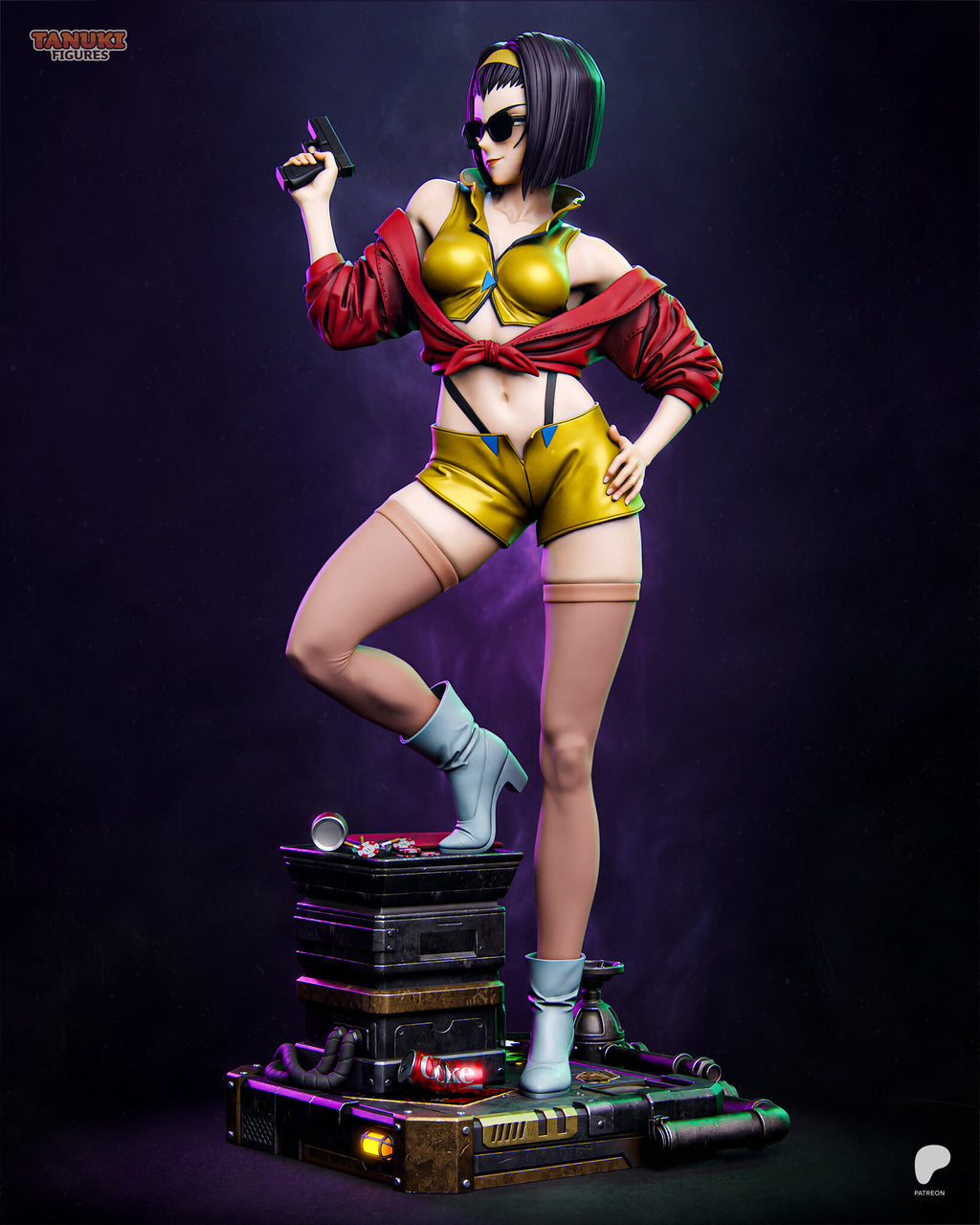 Sculptor's render (kit ships unpainted): full view from her left, showing the pipe run on the base and the crushed soda can
