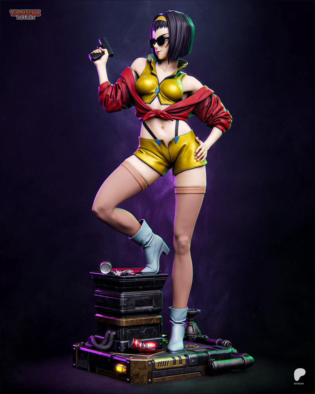 Sculptor's render (kit ships unpainted): full view from her left, showing the pipe run on the base and the crushed soda can