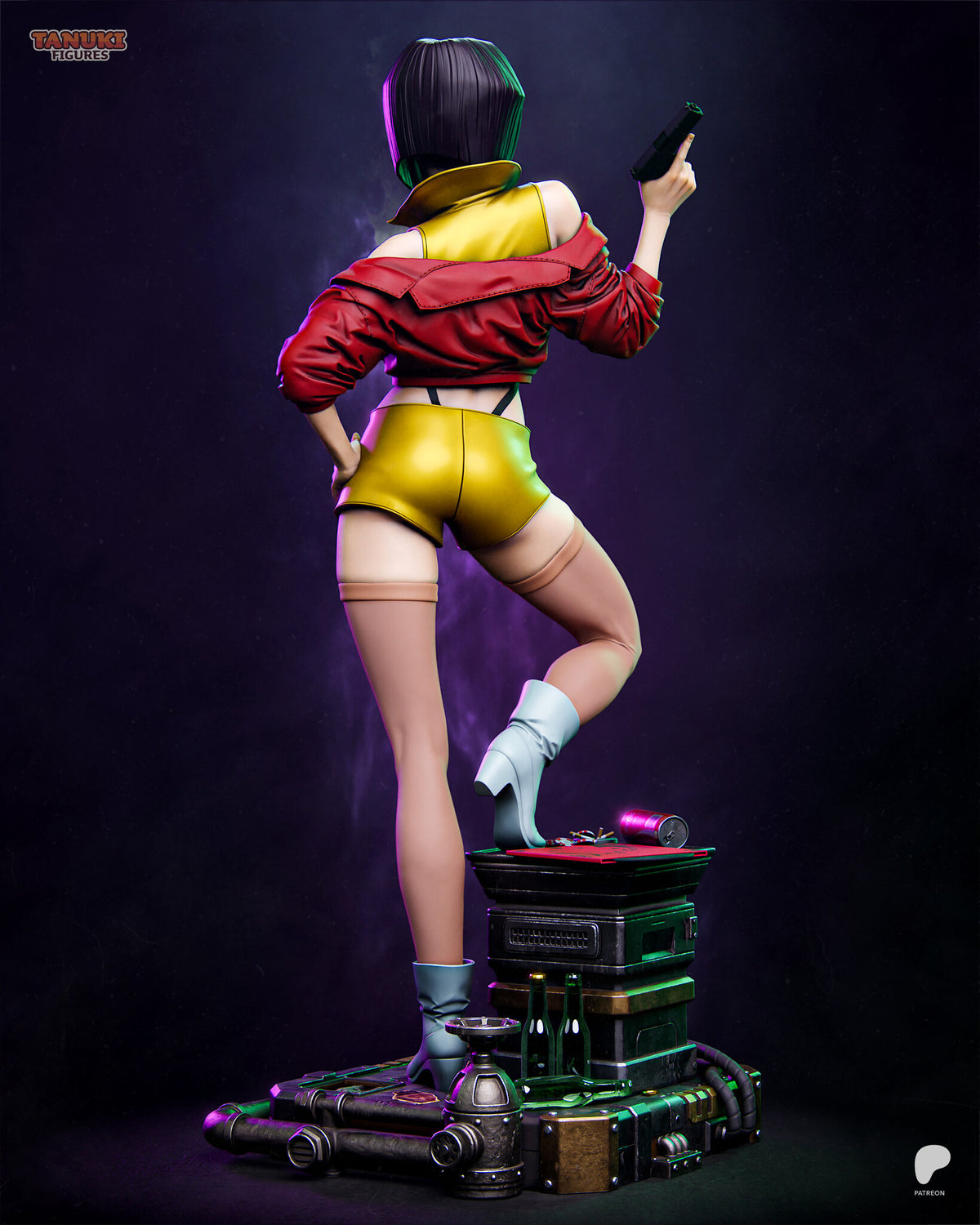 Sculptor's render (kit ships unpainted): rear full view showing the jacket pulled off her shoulders and the bottles behind the cases