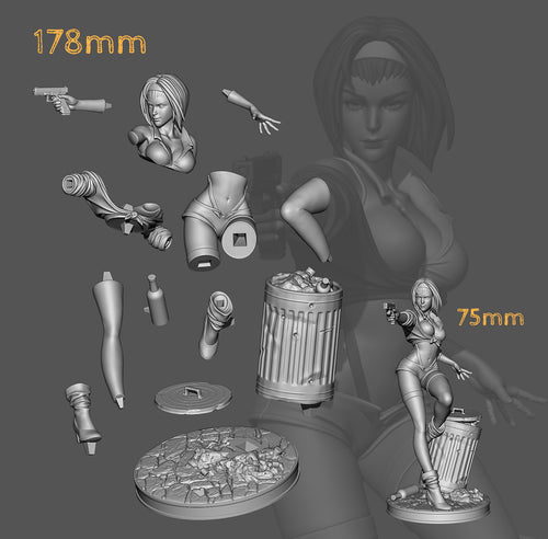 Studio scale and parts sheet (kit ships unpainted): the single-piece miniature, labeled 75mm, at lower right beside the parts of the larger 178 mm kit