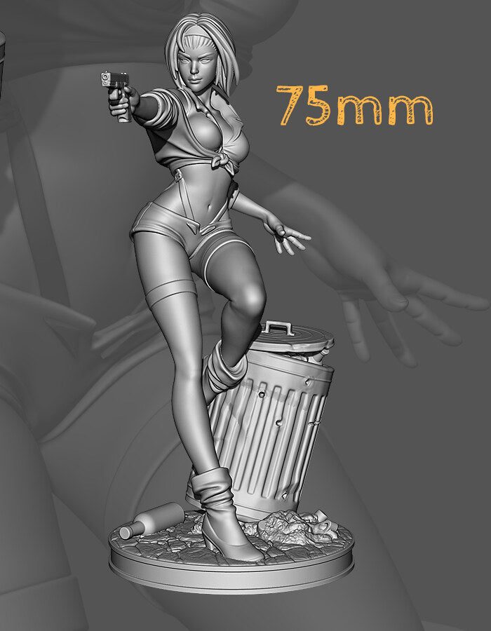 Studio scale and parts sheet (kit ships unpainted): close view of the miniature from the same sheet, the whole figure on its base with the trash can