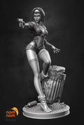Sculptor's render of the painted design (kit ships unpainted): shown here in unpainted gray, the bob-haired bounty hunter aiming a pistol at arm's length, one boot propped on a dented trash can on a round pavement base