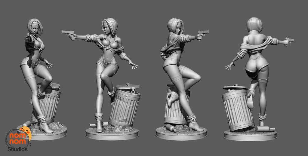 Sculptor's render (kit ships unpainted): gray turntable of the full figure from four sides