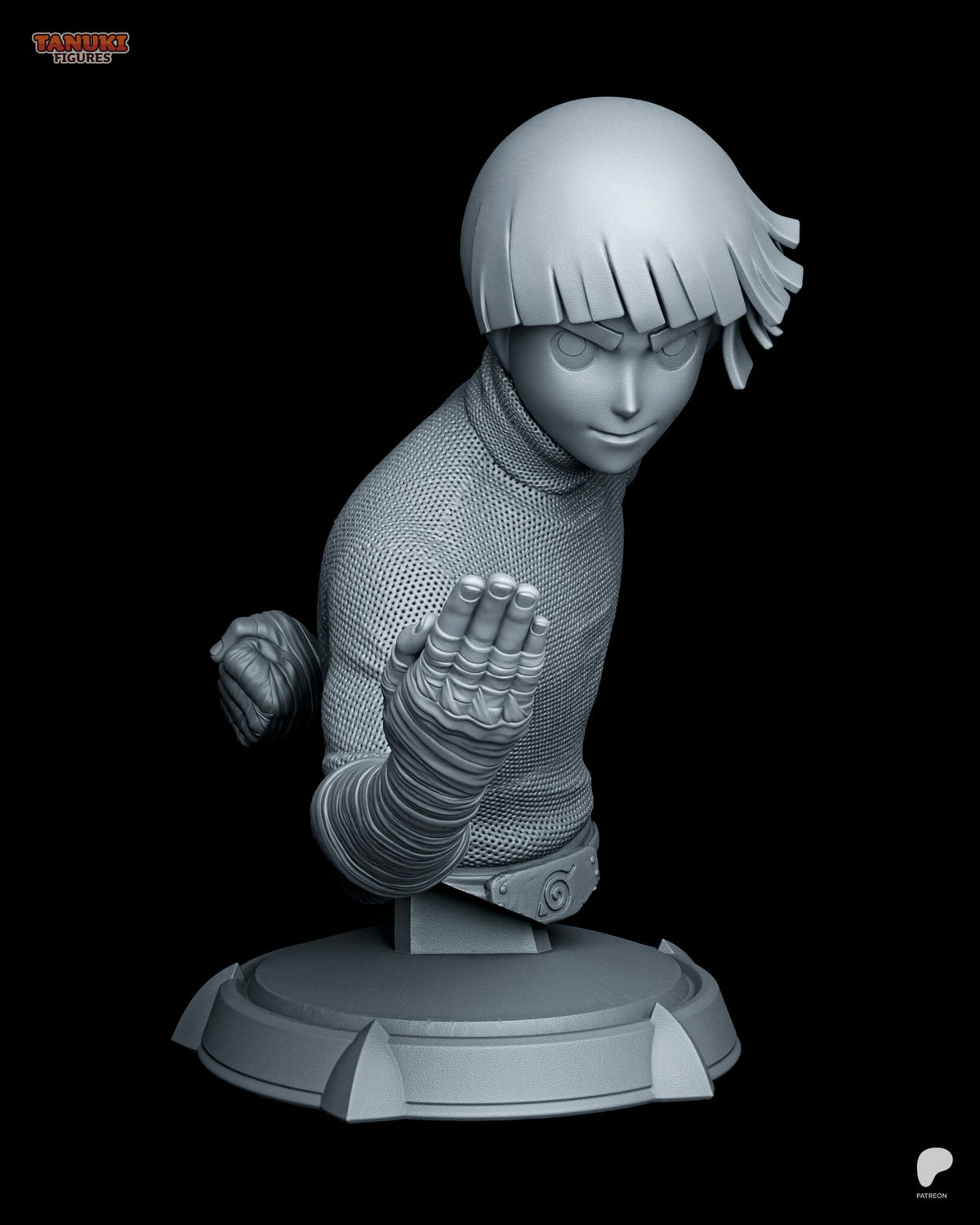 Sculptor's render of the unpainted sculpt (kit ships unpainted): three-quarter front view of the bowl-cut martial artist bust with his bandaged right hand raised in front of a half-smiling face, on a round plinth