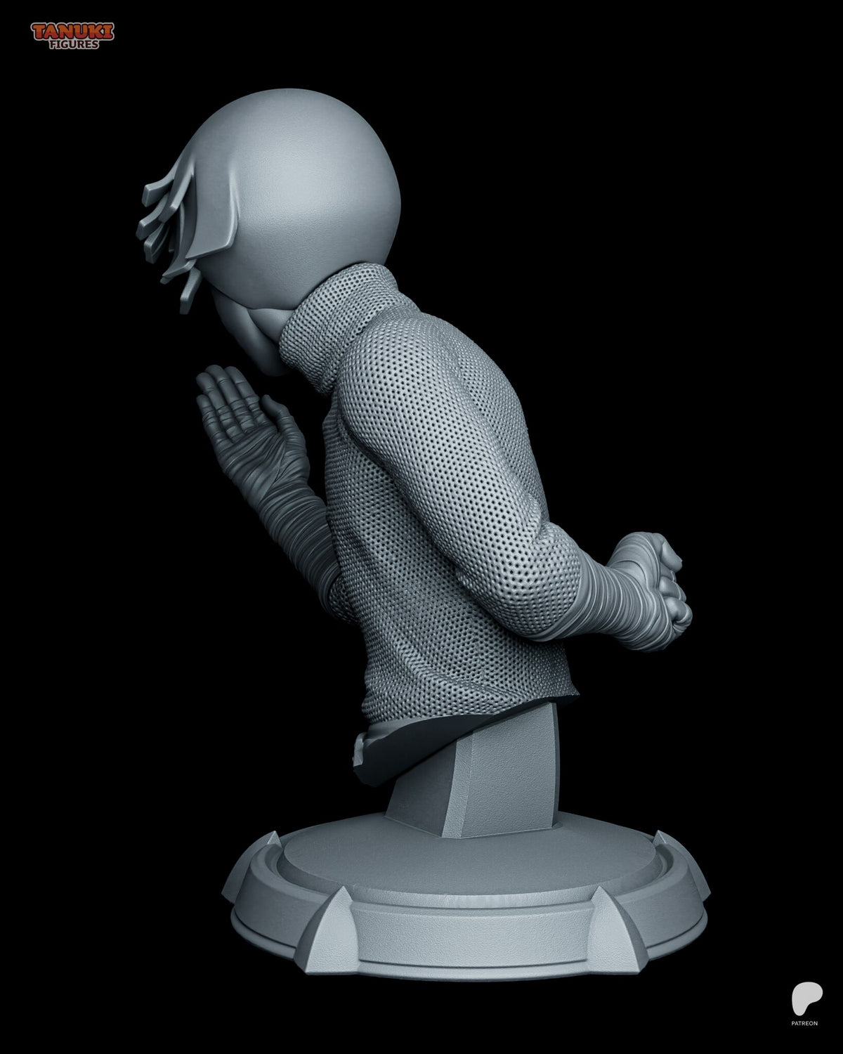 Sculptor's render (kit ships unpainted): side view showing the open palm, the depth of the stance and the post under the waist