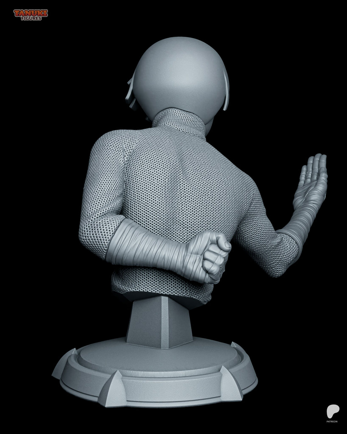 Sculptor's render (kit ships unpainted): back view of the mesh jumpsuit with the bandaged left fist tucked against the small of his back