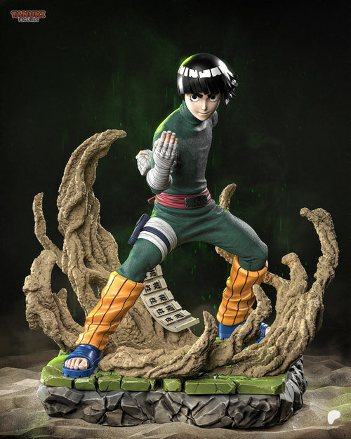 Sculptor's render of the painted design (kit ships unpainted): front three-quarter view of the bowl-cut martial artist in a wide fighting stance, one bandaged hand raised, with sand tendrils sweeping up around him on a cracked green tile base