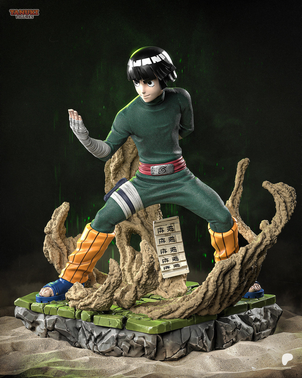 Sculptor's render (kit ships unpainted): front view of the wide stance, the sash plate and the band of lettered training weights between his feet