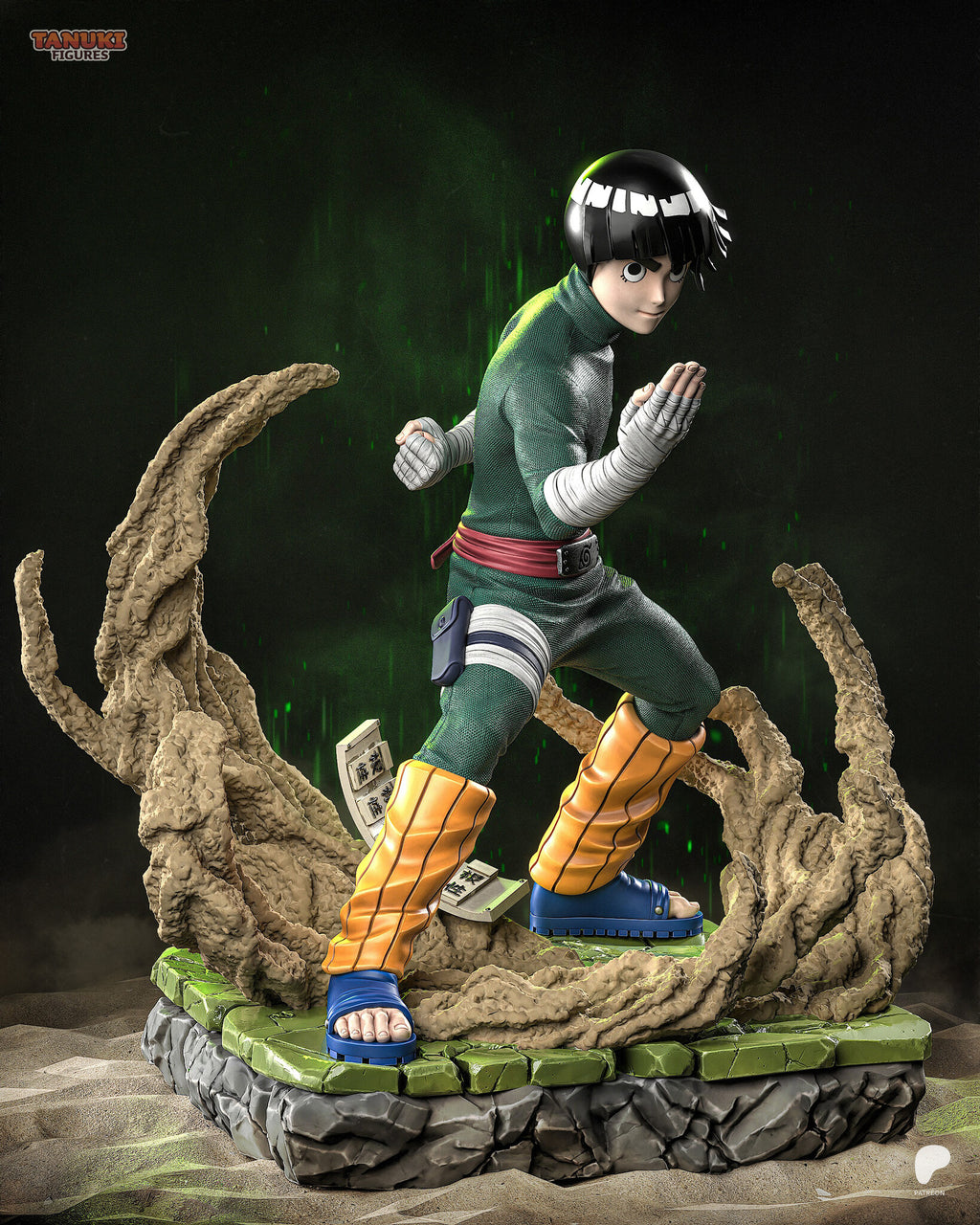 Sculptor's render (kit ships unpainted): side view with the open hand forward, the fist pulled back and the blue sandals among the sand