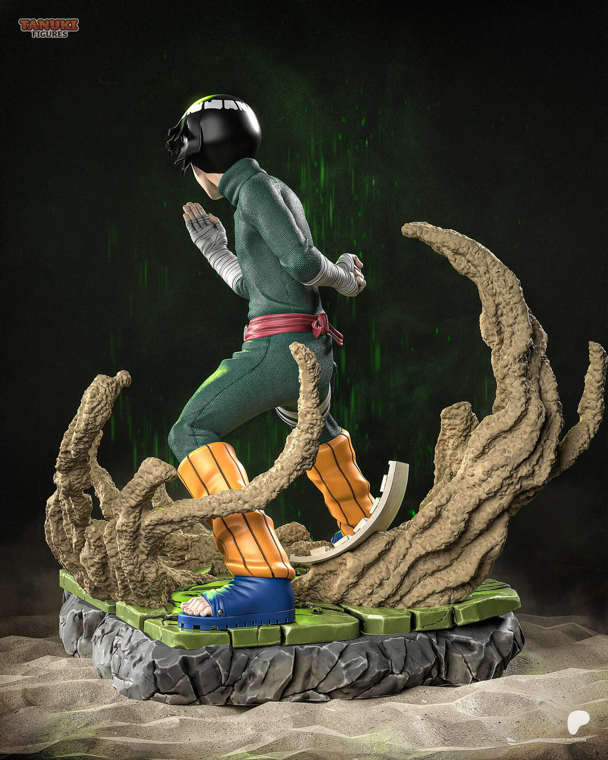 Sculptor's render (kit ships unpainted): rear view showing the knotted sash at his back and the sand tendrils curling around the base
