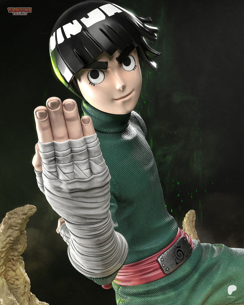 Sculptor's render (kit ships unpainted): closer view of the half-smiling face and bowl haircut over the raised bandaged hand