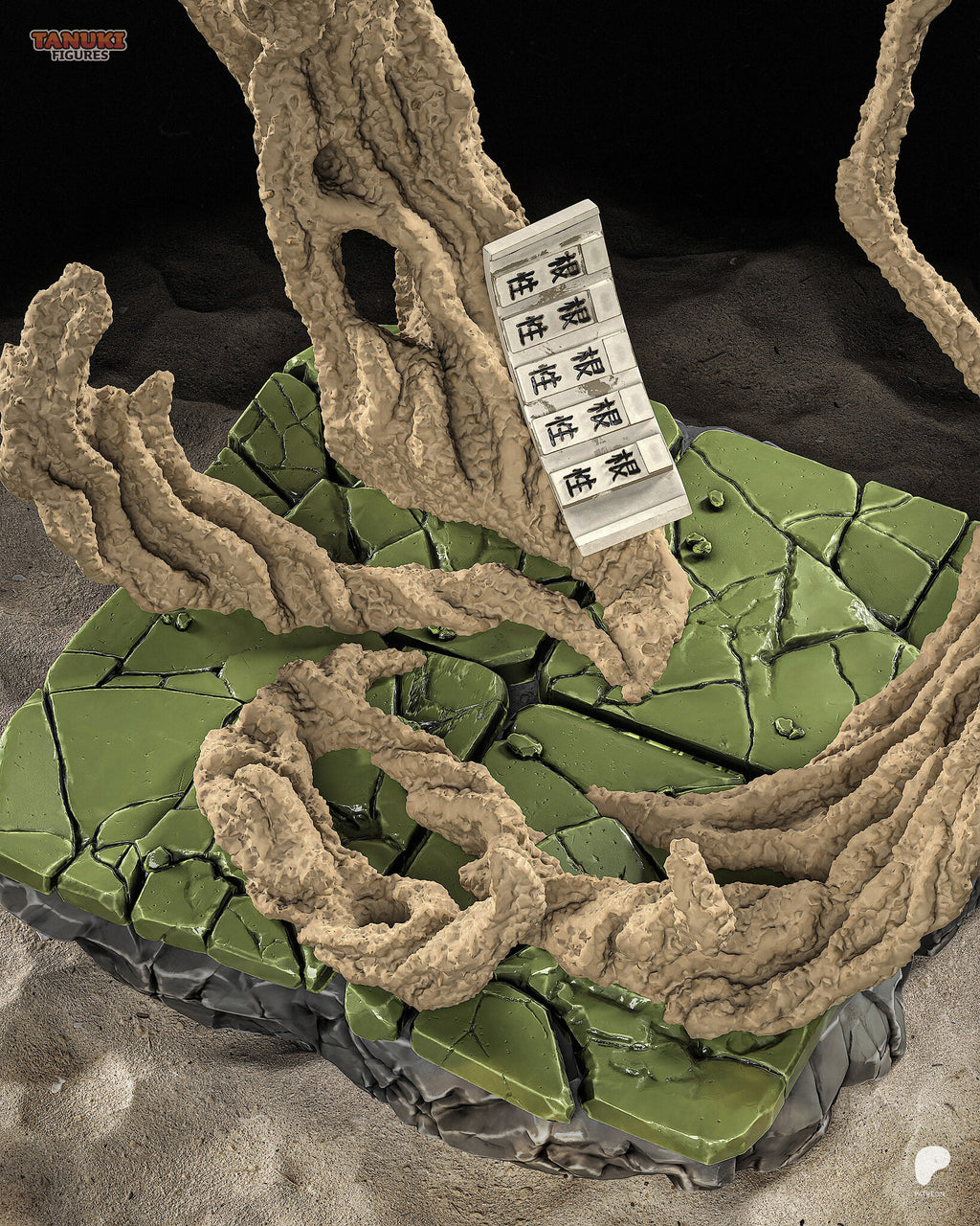 Sculptor's render (kit ships unpainted): the base on its own from above: broken green tiles, twisting sand tendrils and the lettered weights band