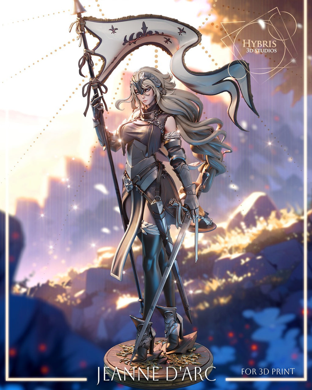 Sculptor's render of the painted design (kit ships unpainted): full front view of the armored knight woman holding a cream fleur-de-lis banner and a sword on the round filigree base