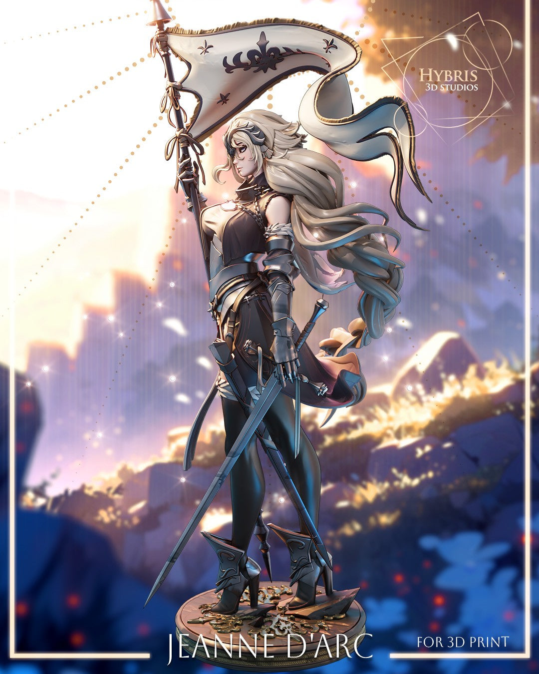 Sculptor's render (kit ships unpainted): three-quarter view from her right with the sword hanging along the leg and the banner above