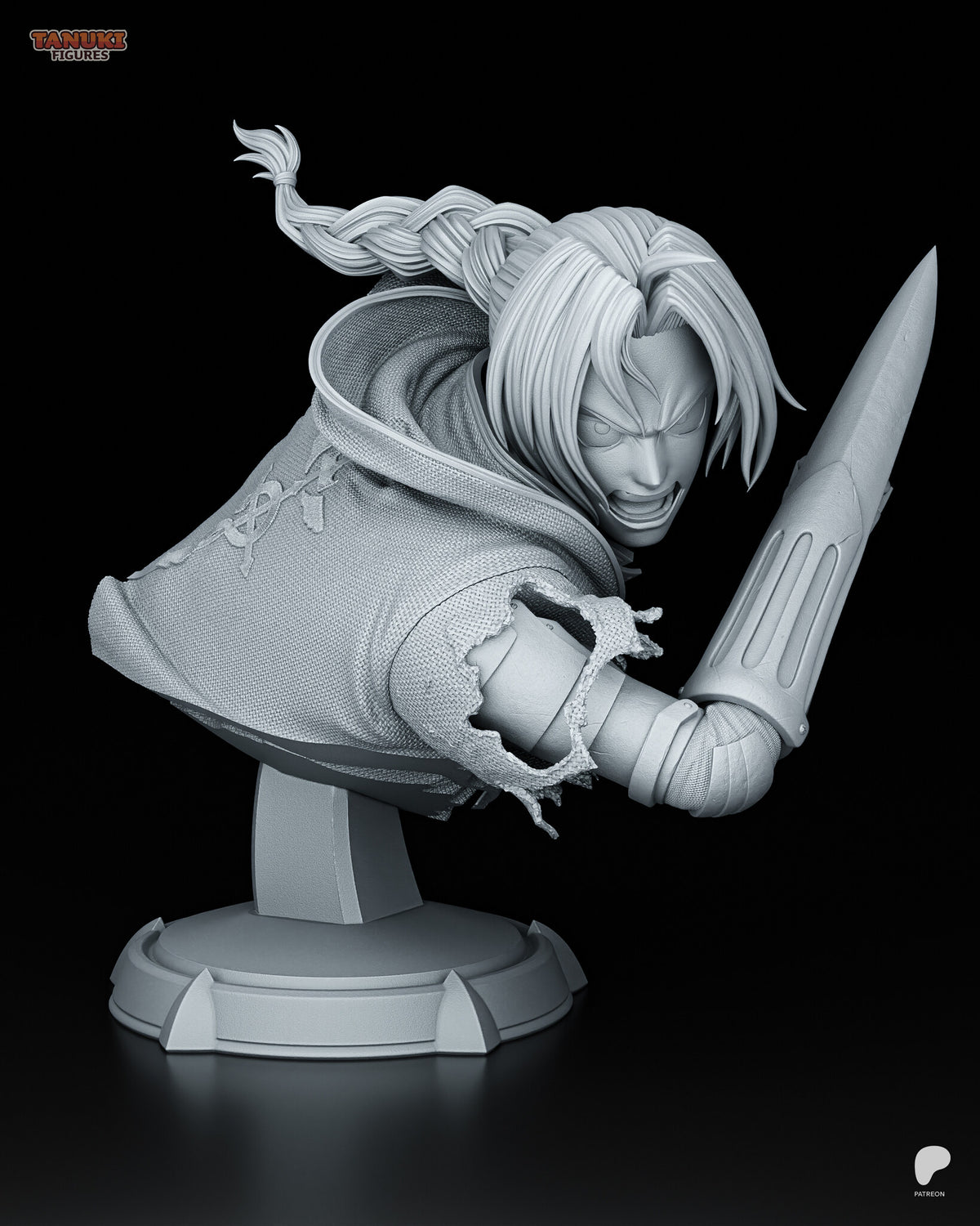 Sculptor's render of the painted design (kit ships unpainted): front three-quarter view, the braided fighter shouting with the blade raised from his mechanical forearm, on the round pillar base
