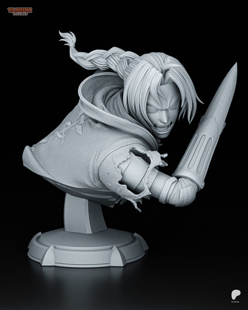 Sculptor's render of the painted design (kit ships unpainted): front three-quarter view, the braided fighter shouting with the blade raised from his mechanical forearm, on the round pillar base