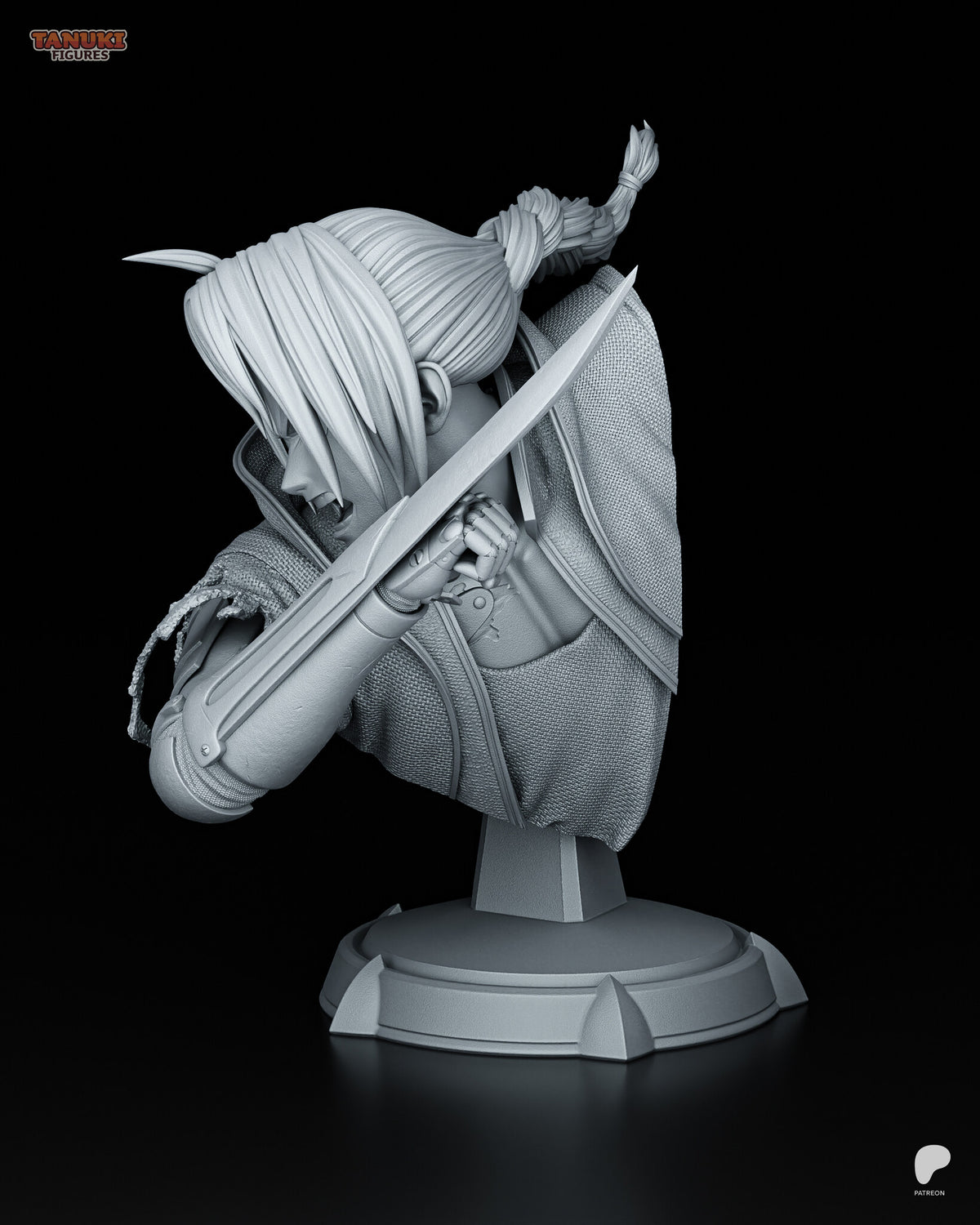 Sculptor's render (kit ships unpainted): side view with the blade held across the face and the braid flying up behind