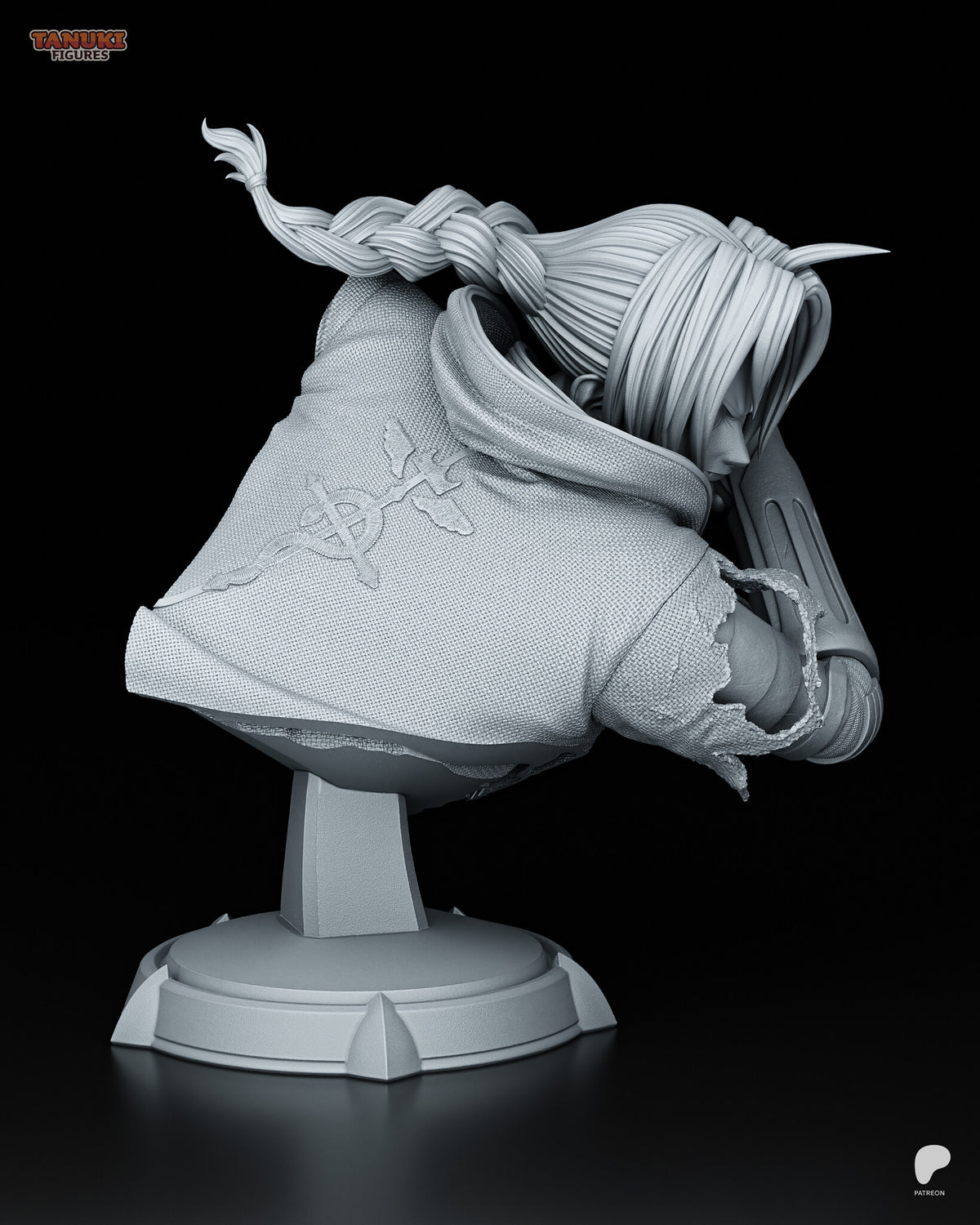 Sculptor's render (kit ships unpainted): back view showing the hood and the raised emblem on the back