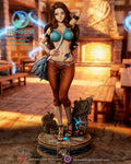 Sculptor's render of the painted design (kit ships unpainted): front full view of the card mage standing on the round cracked-stone plinth, one hand behind her head and one on her waist, with broken wall pieces on either side