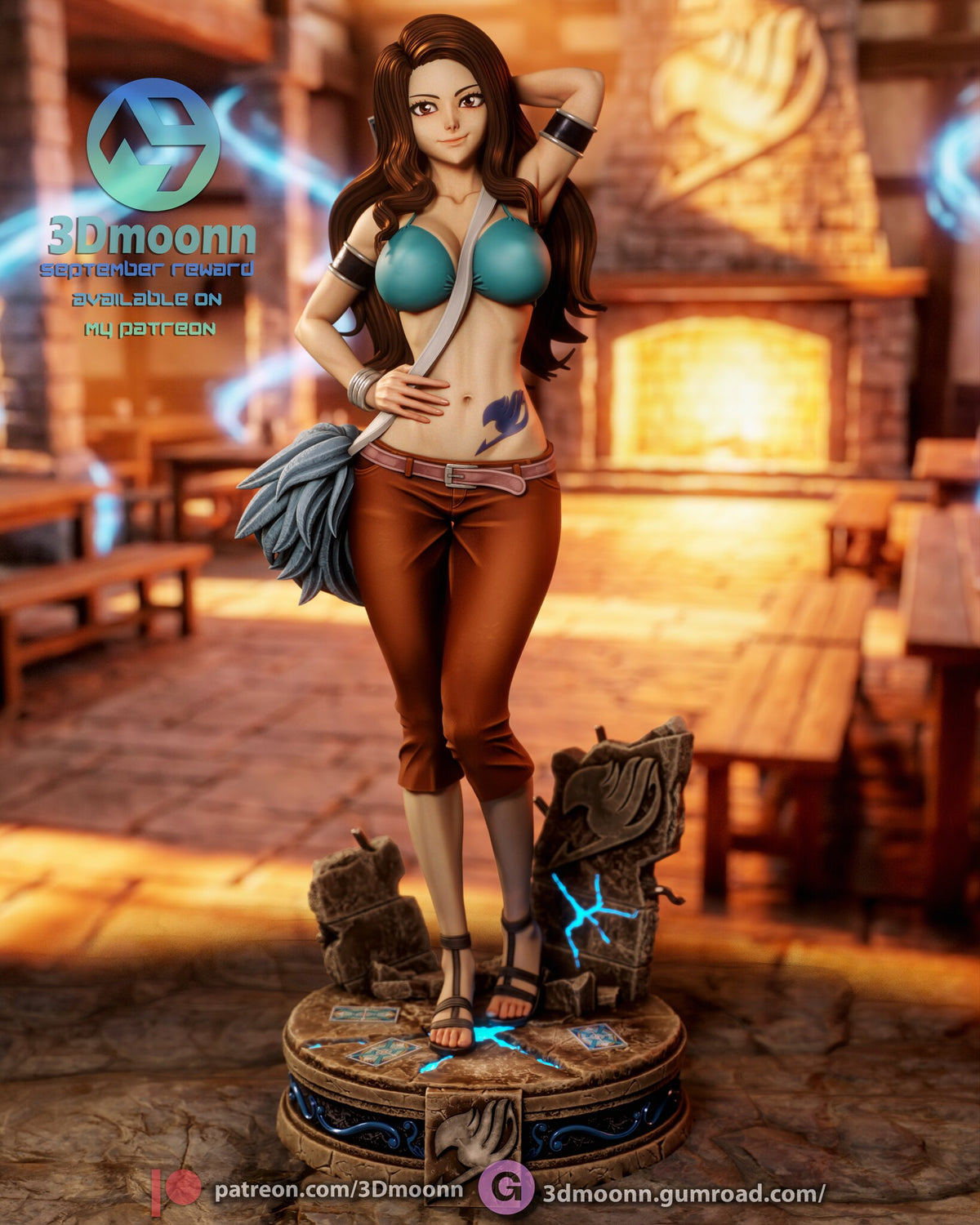 Sculptor's render of the painted design (kit ships unpainted): front full view of the card mage standing on the round cracked-stone plinth, one hand behind her head and one on her waist, with broken wall pieces on either side