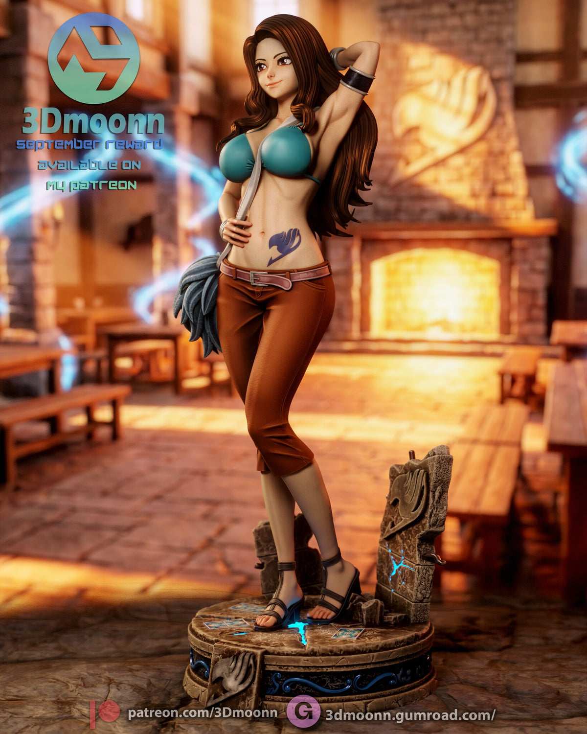 Sculptor's render (kit ships unpainted): three-quarter full view from her right, with the blue-grey feather bag hanging at her hip