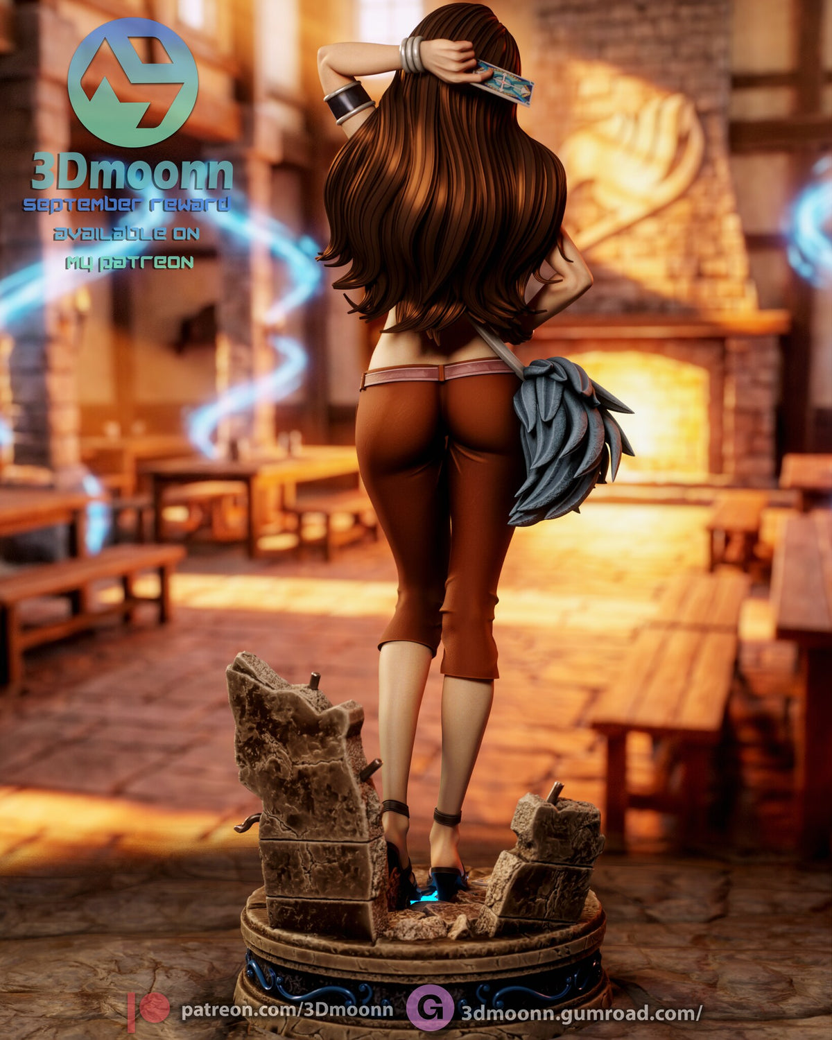Sculptor's render (kit ships unpainted): back view of the long hair, the card behind her head and both wall pieces