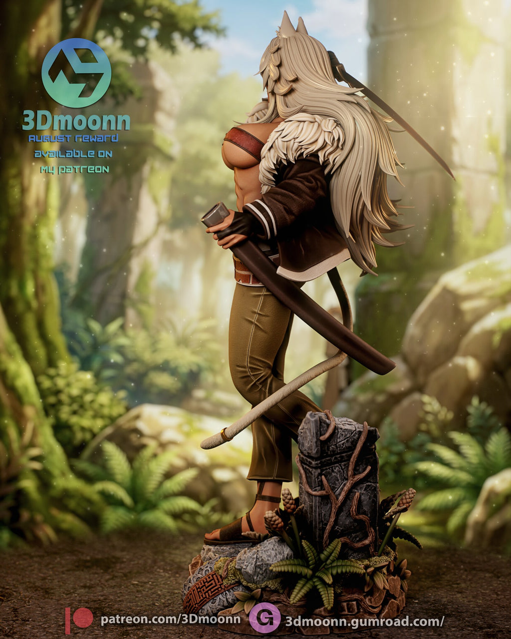 Sculptor's render (kit ships unpainted): side view from her left, with the scabbard at her hip and the tail curling to the rocks
