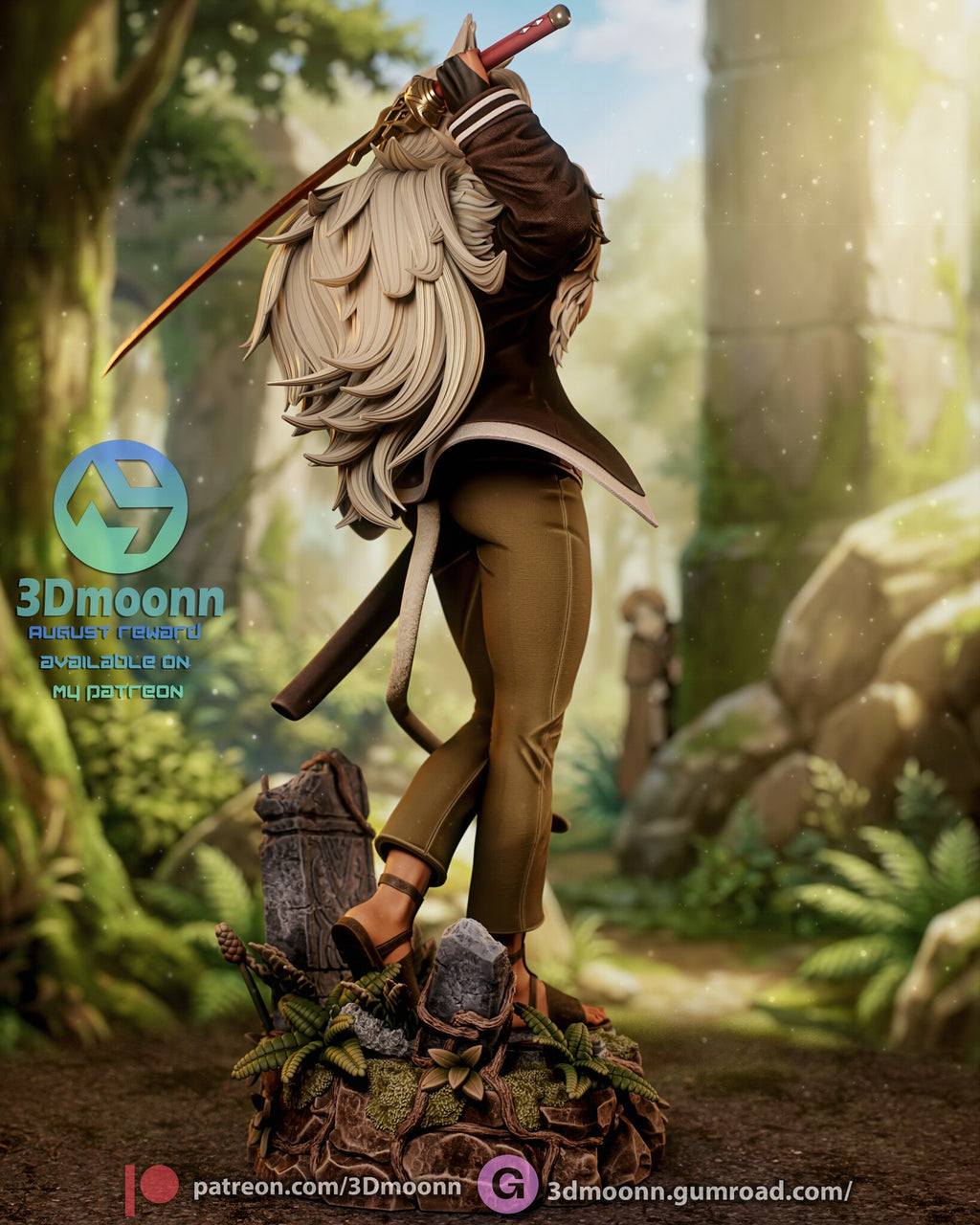 Sculptor's render (kit ships unpainted): low rear three-quarter view with the sword blade reaching up past her head