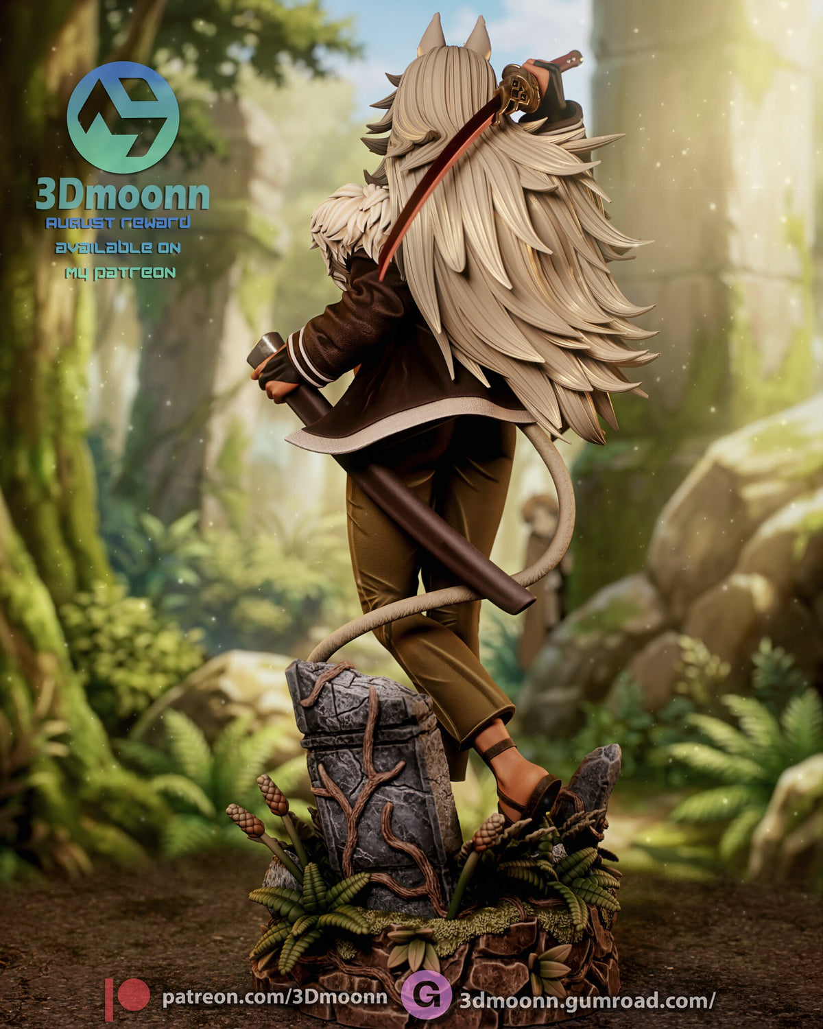 Sculptor's render (kit ships unpainted): rear view with the long mane over her back and the blade lying across it