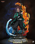 Sculptor's render of the painted design (kit ships unpainted): full front view of the young swordsman in a green-and-black checkered coat holding a sword upright, between an arc of fire and a wave of water on a tiered marble and wood plinth