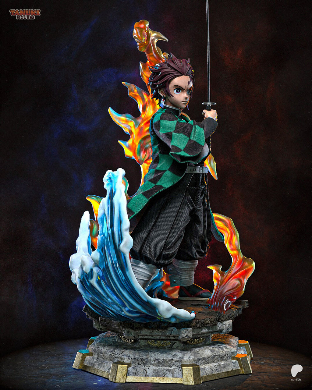 Sculptor's render (kit ships unpainted): three-quarter view from his left, the water wave curling up around his leg