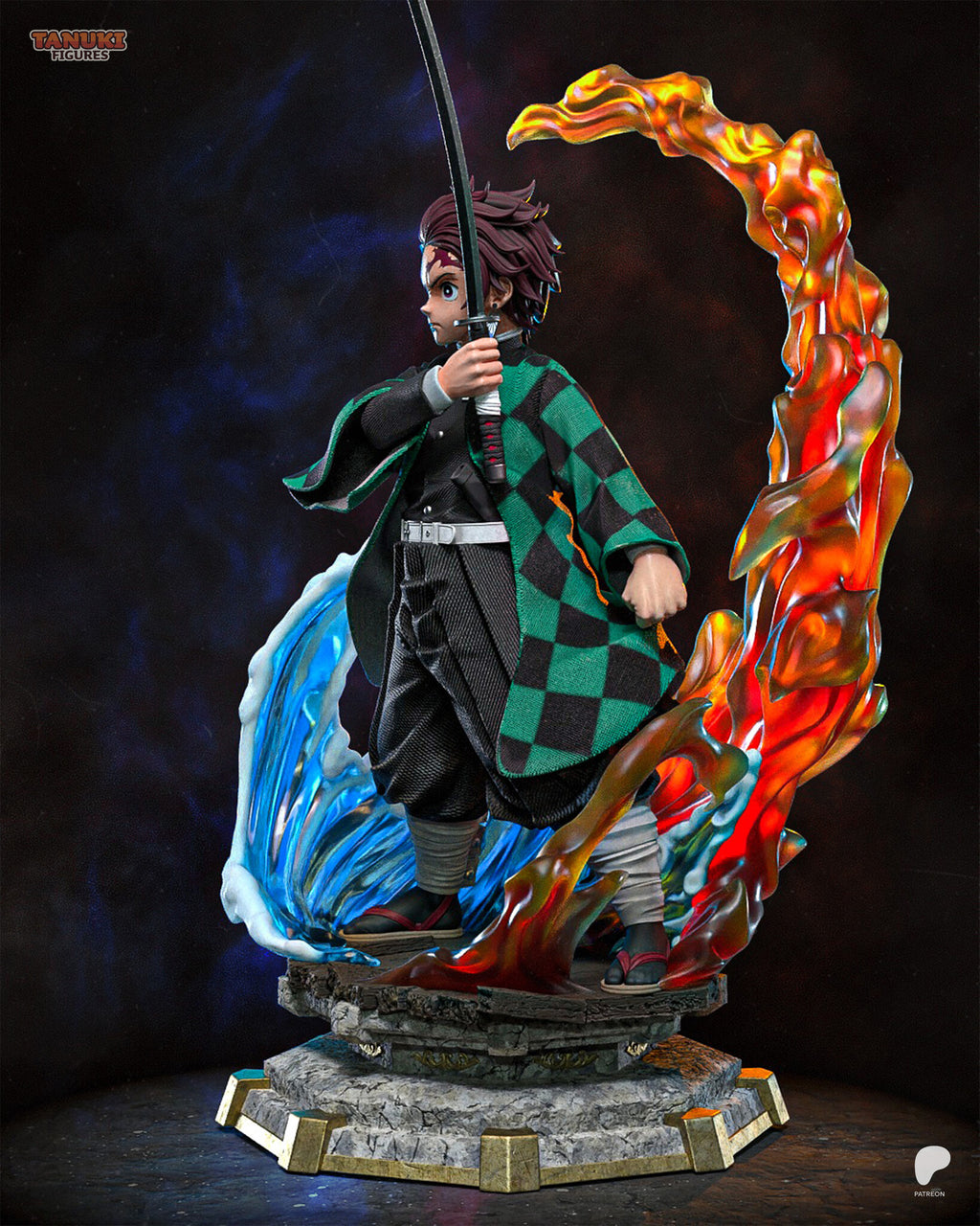 Sculptor's render (kit ships unpainted): side view with the fire arc climbing behind him