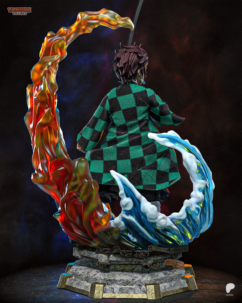 Sculptor's render (kit ships unpainted): rear view of the checkered coat inside the ring of fire and water