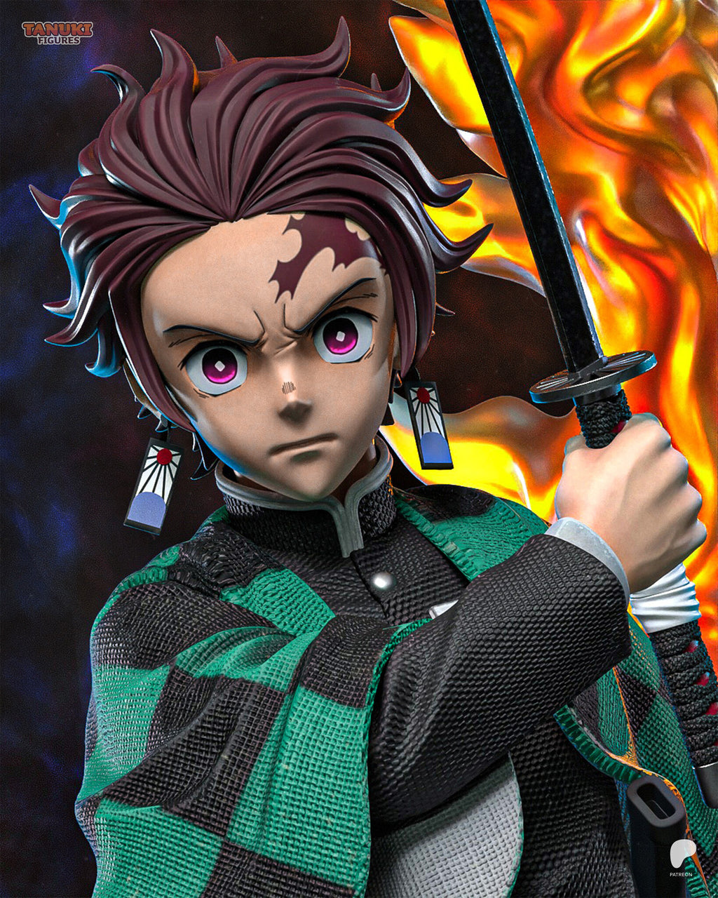 Sculptor's render (kit ships unpainted): close-up of the face with the forehead scar, the card earrings and the raised sword hand