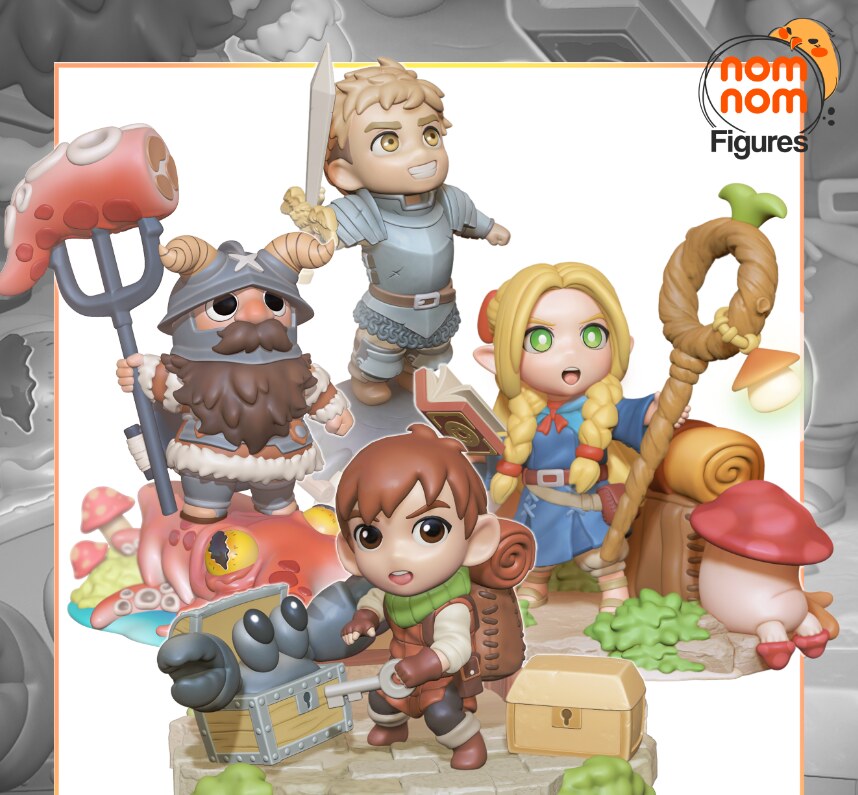 Sculptor's render of the painted design (kit ships unpainted): all four chibi adventurers grouped together, the bearded warrior on the kraken, the knight with his sword, the elf mage with her staff and the lockpicker with the mimic chest
