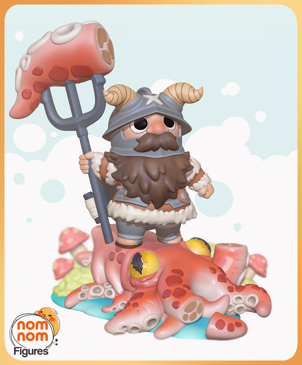 Sculptor's render (kit ships unpainted): the bearded warrior in a horned helmet holding a trident with a speared tentacle, standing on the pink kraken