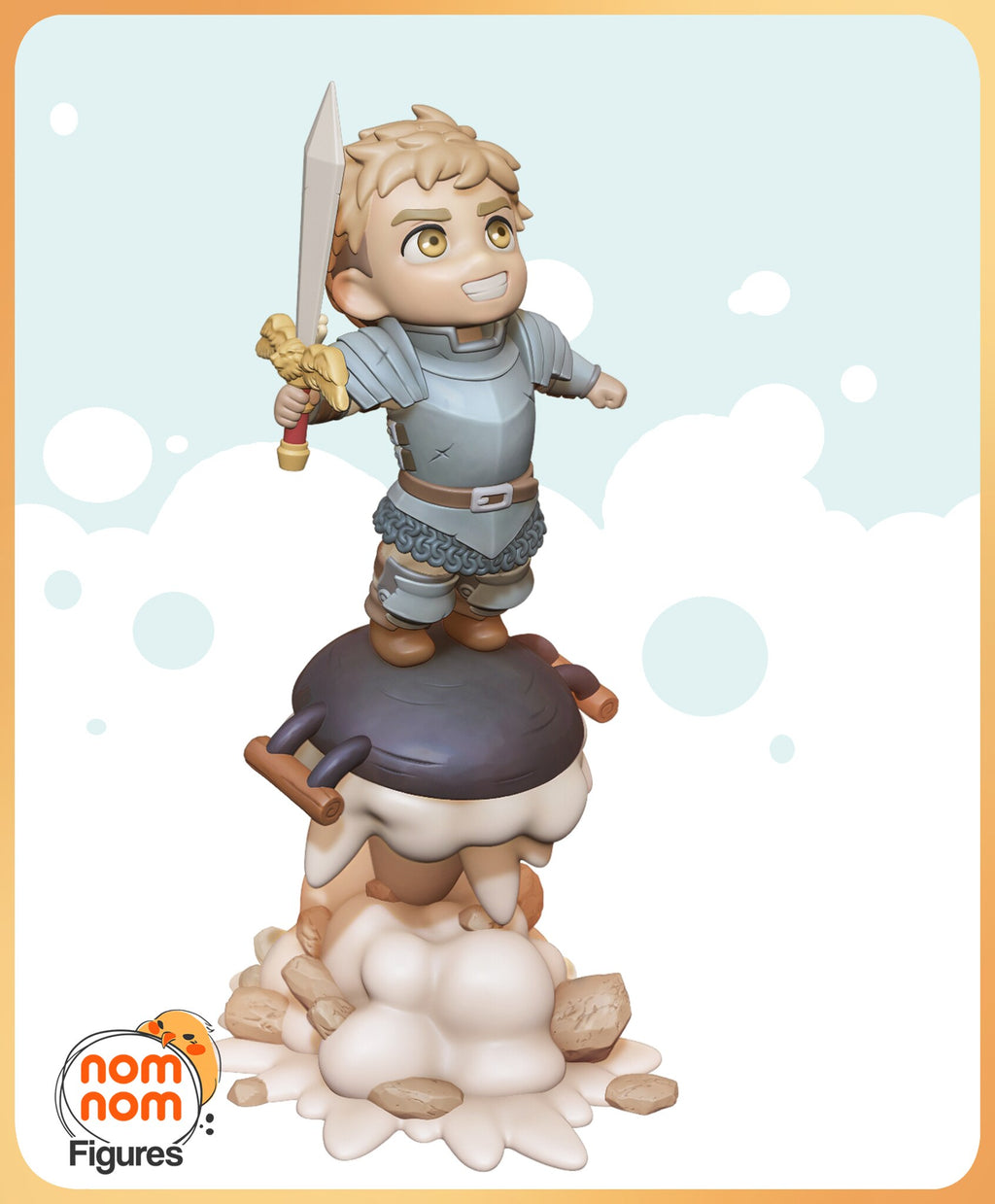Sculptor's render (kit ships unpainted): the grinning knight raising a winged sword on top of a wok above a column of steam