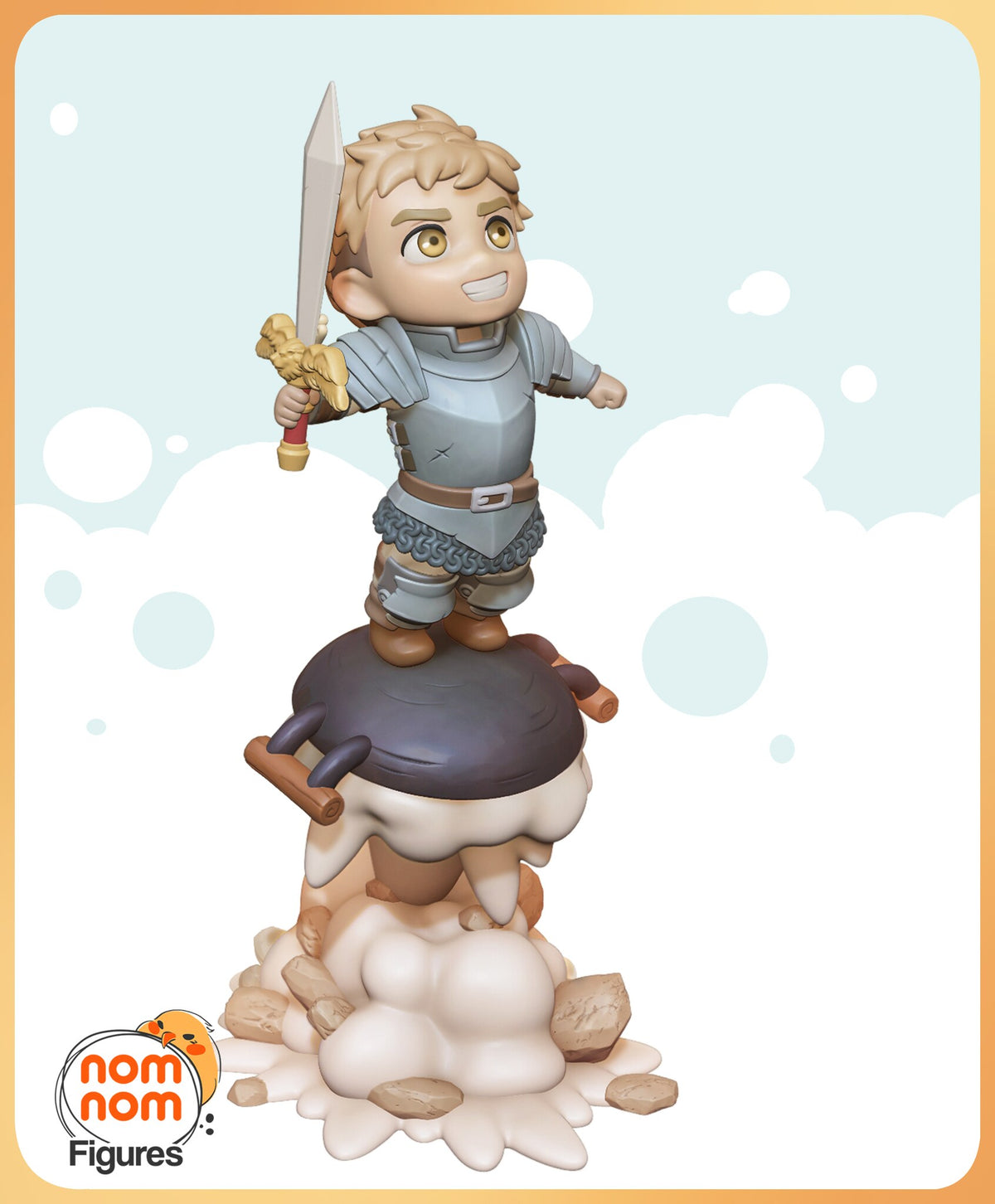 Sculptor's render (kit ships unpainted): the grinning knight raising a winged sword on top of a wok above a column of steam