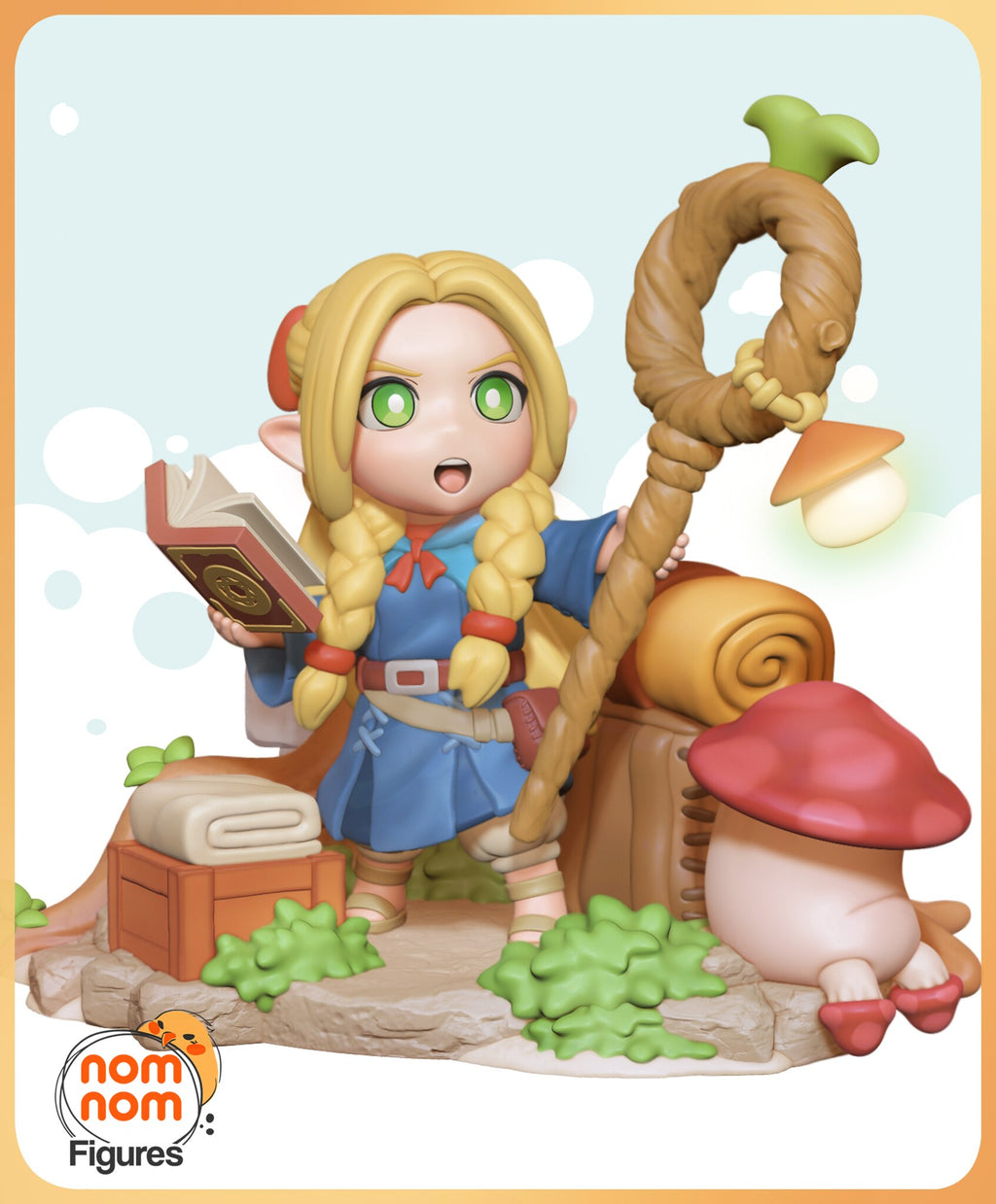 Sculptor's render (kit ships unpainted): the elf mage reading a spellbook beside her looped staff and a large red-capped walking mushroom
