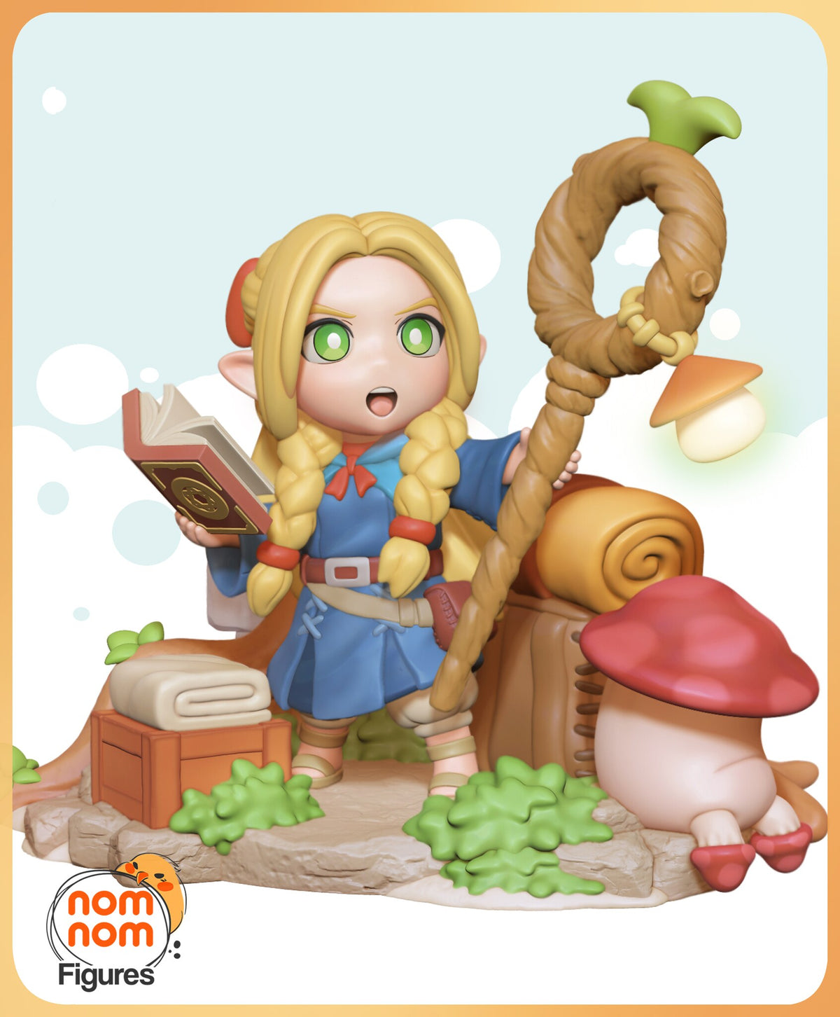 Sculptor's render (kit ships unpainted): the elf mage reading a spellbook beside her looped staff and a large red-capped walking mushroom