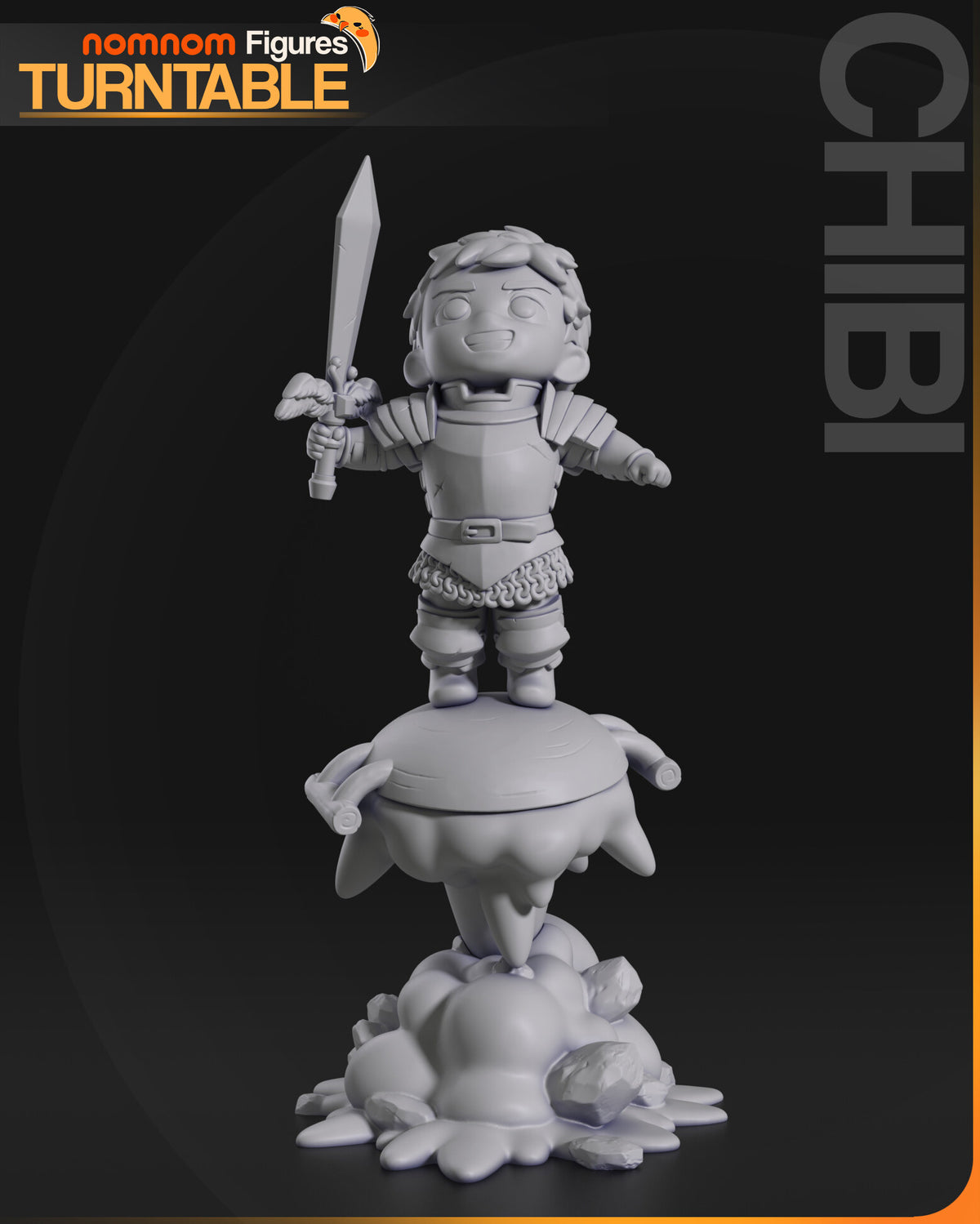 Sculptor's render (kit ships unpainted): gray front view of the knight on the wok and steam column