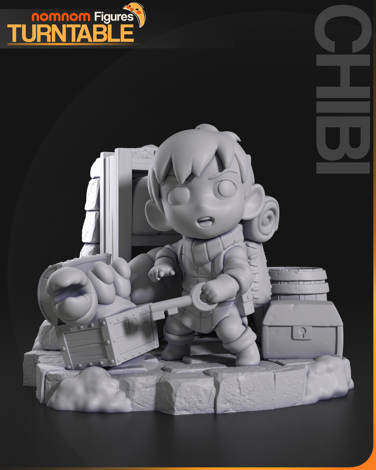 Sculptor's render (kit ships unpainted): gray front view of the lockpicker scene with the mimic, barrel, shelf and chests