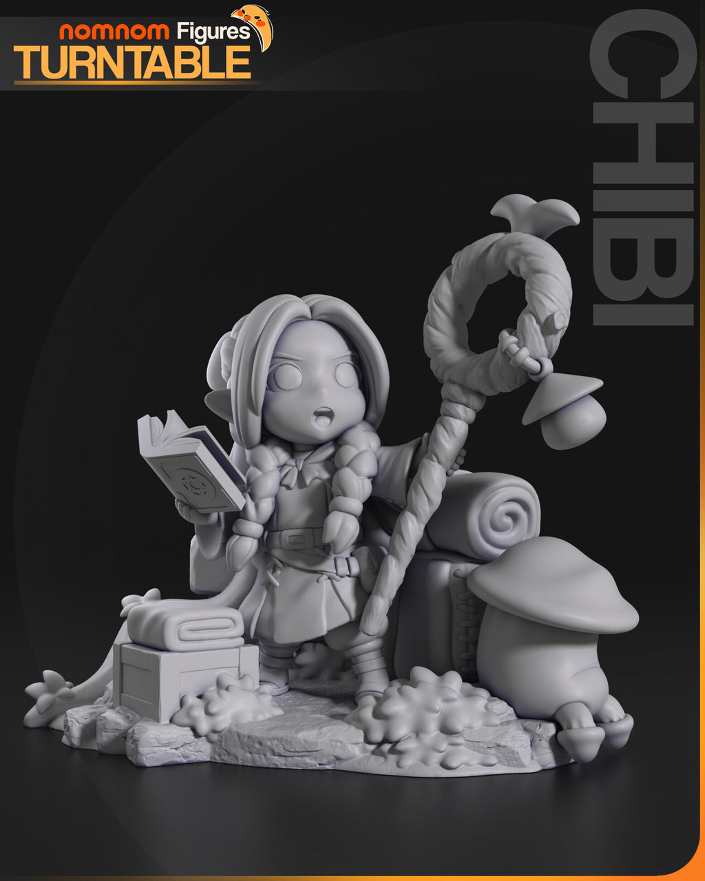 Sculptor's render (kit ships unpainted): gray front view of the elf mage with her book, staff, bedroll and walking mushroom