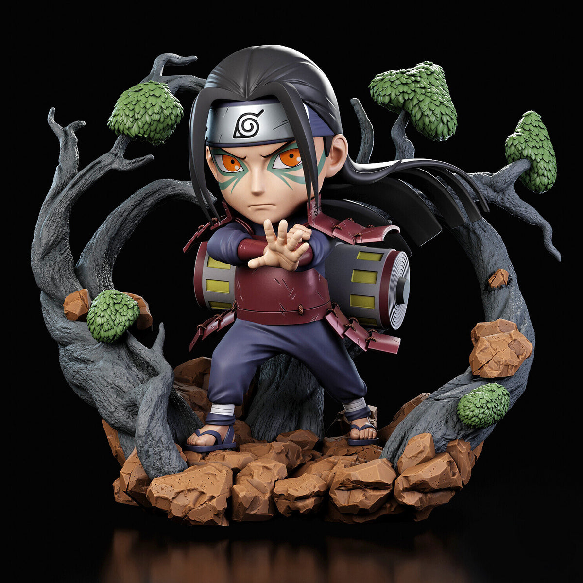 Sculptor's render of the painted design (kit ships unpainted): front view of the whole scene, the armored ninja in a wide stance with one hand raised, the scroll across his back, inside a ring of gnarled gray trees with green leaf clumps on a broken-rock base
